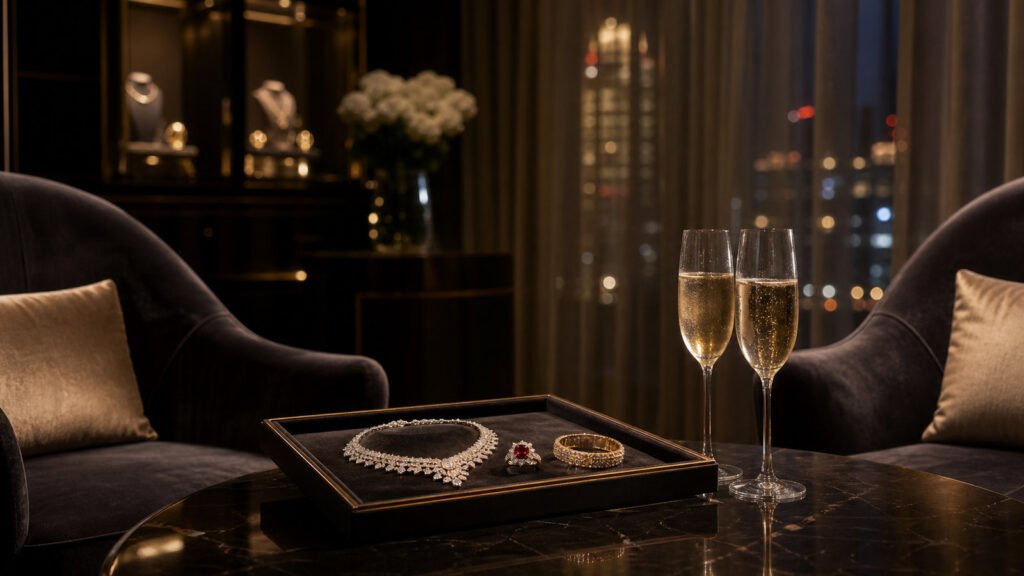 Private luxury VIP salon, high jewelry velvet presentation tray, and champagne