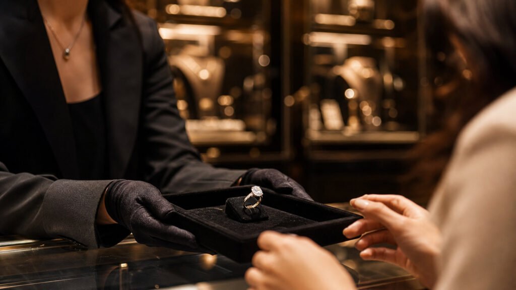 Luxury jewelry associate presenting an engagement ring across the velvet counter