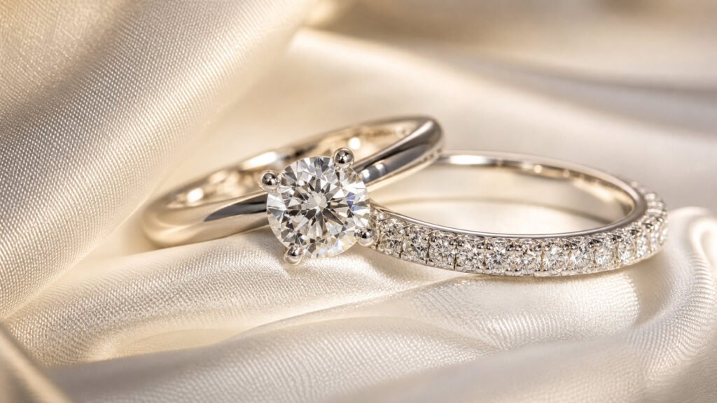 Platinum diamond solitaire with matching pavé diamond wedding band on ivory silk