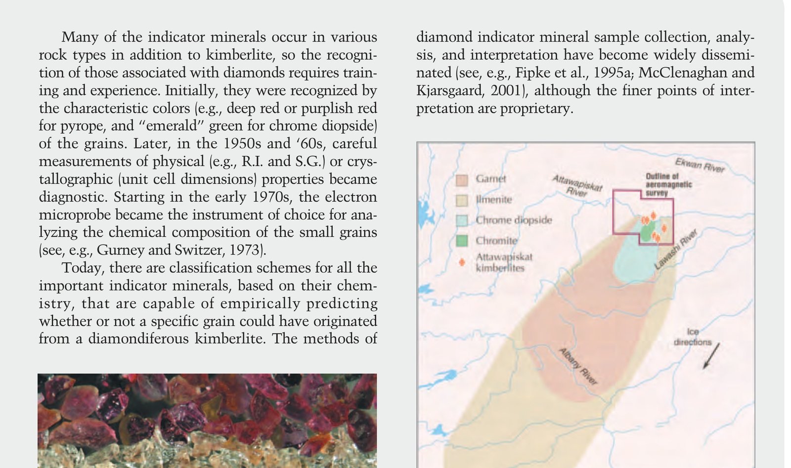 Suite of heavy mineral grains used in diamond prospecting including pyrope garnet, chromite, and chrome diopside