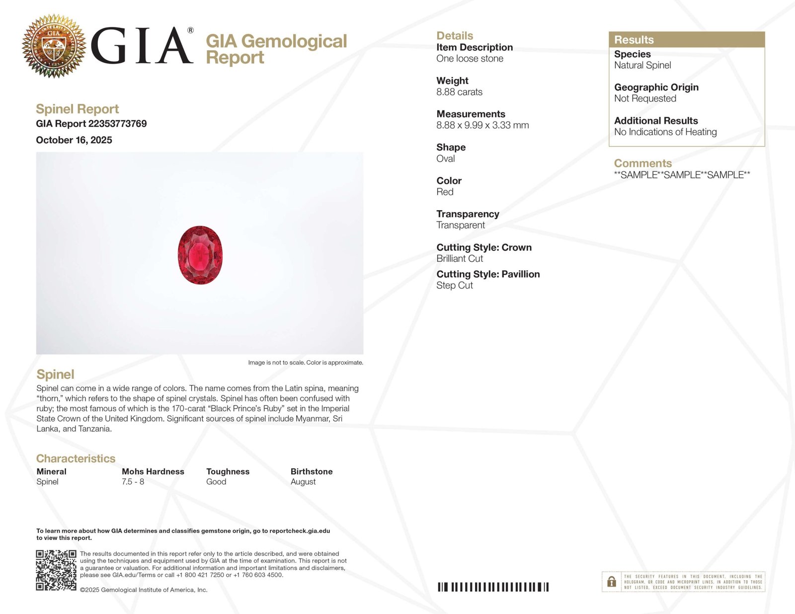 Standardized GIA colored stone identification report