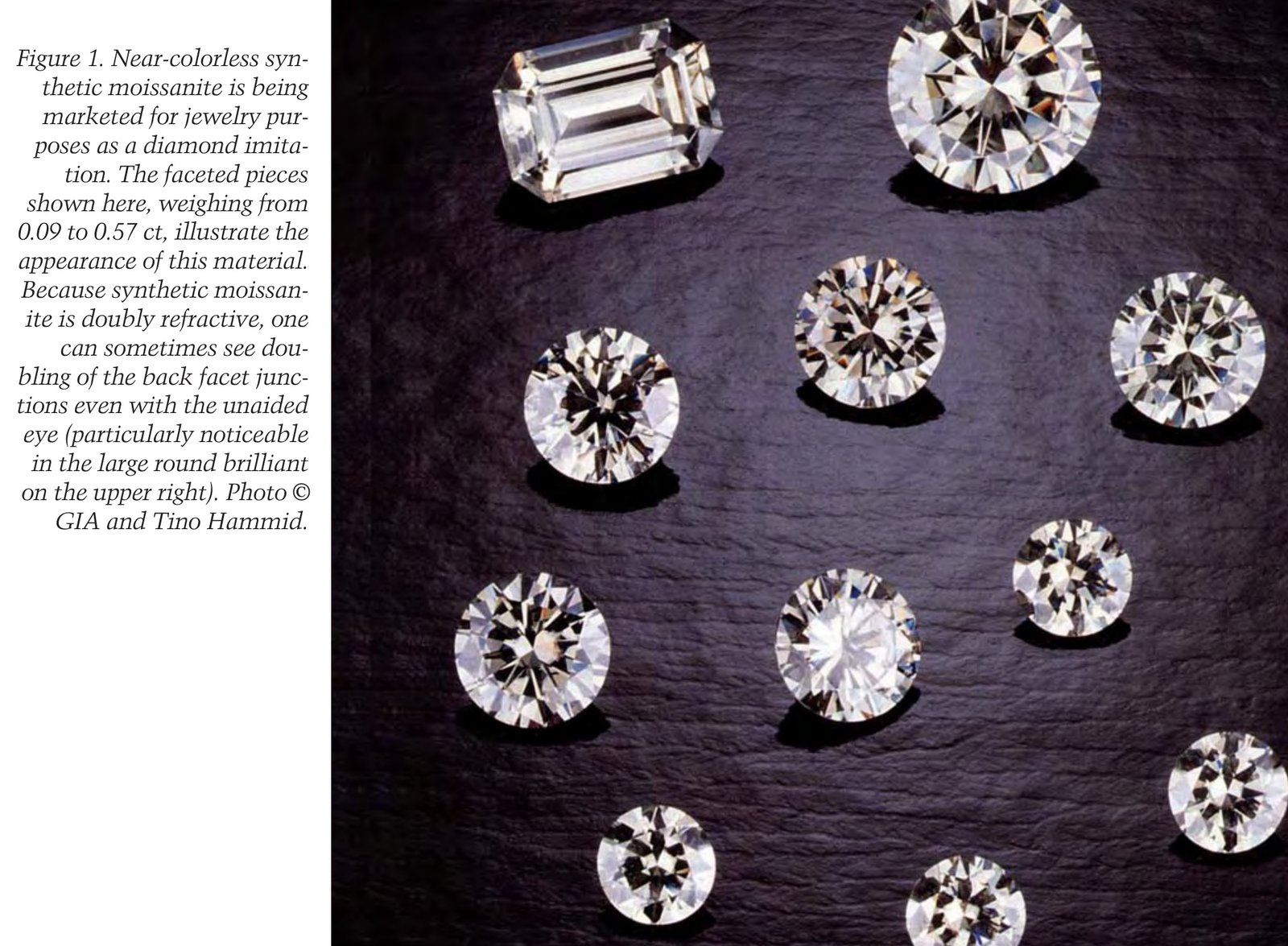 Faceted synthetic moissanite gemstones alongside natural diamond