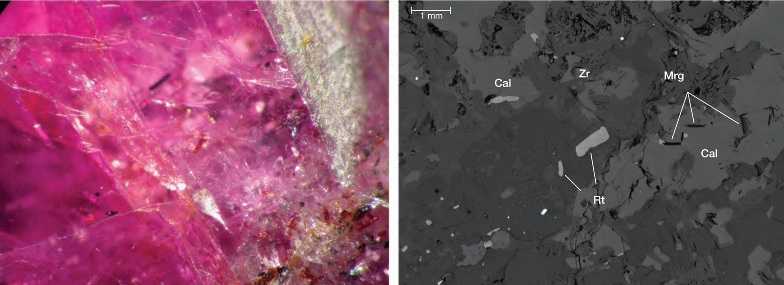 Prismatic rutile silk and mineral inclusions in ruby