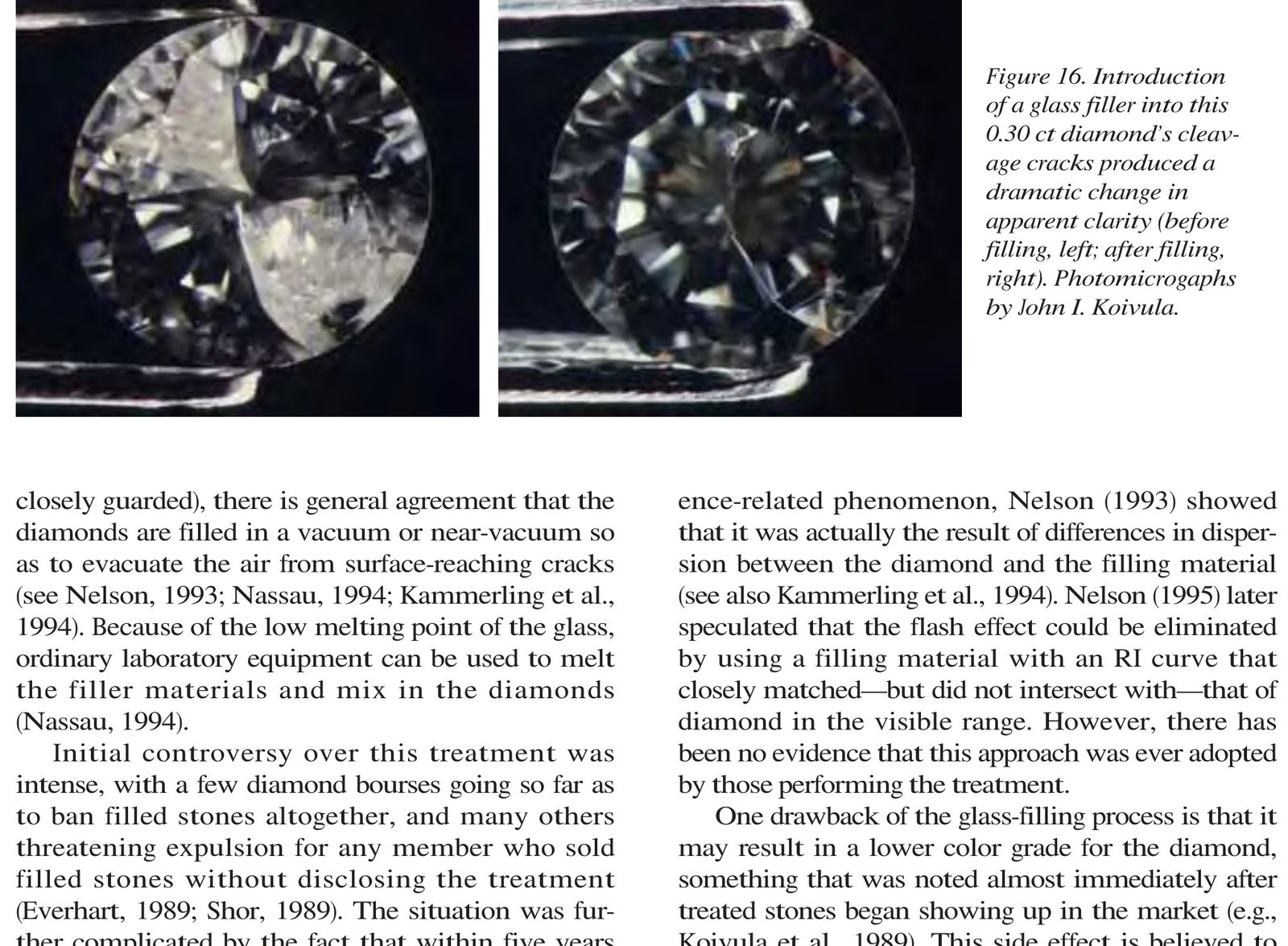 Microscopic orange and blue flash effect in glass filled diamond fracture