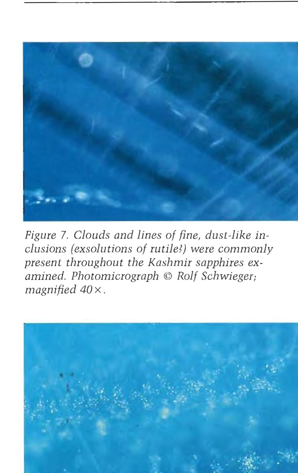 Microscopic dust clouds and snowflake clusters in Kashmir sapphire