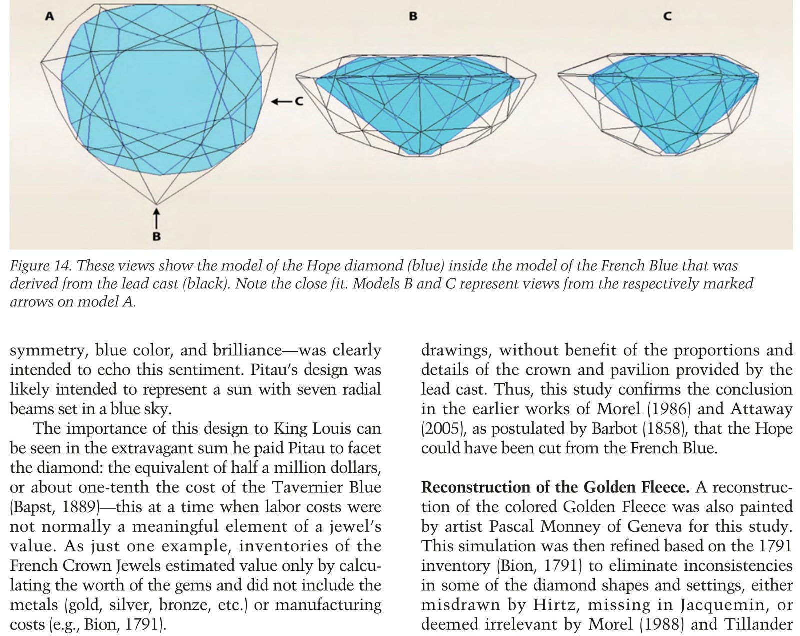 CAD model showing the 45.52 ct Hope Diamond nested inside the stolen French Blue