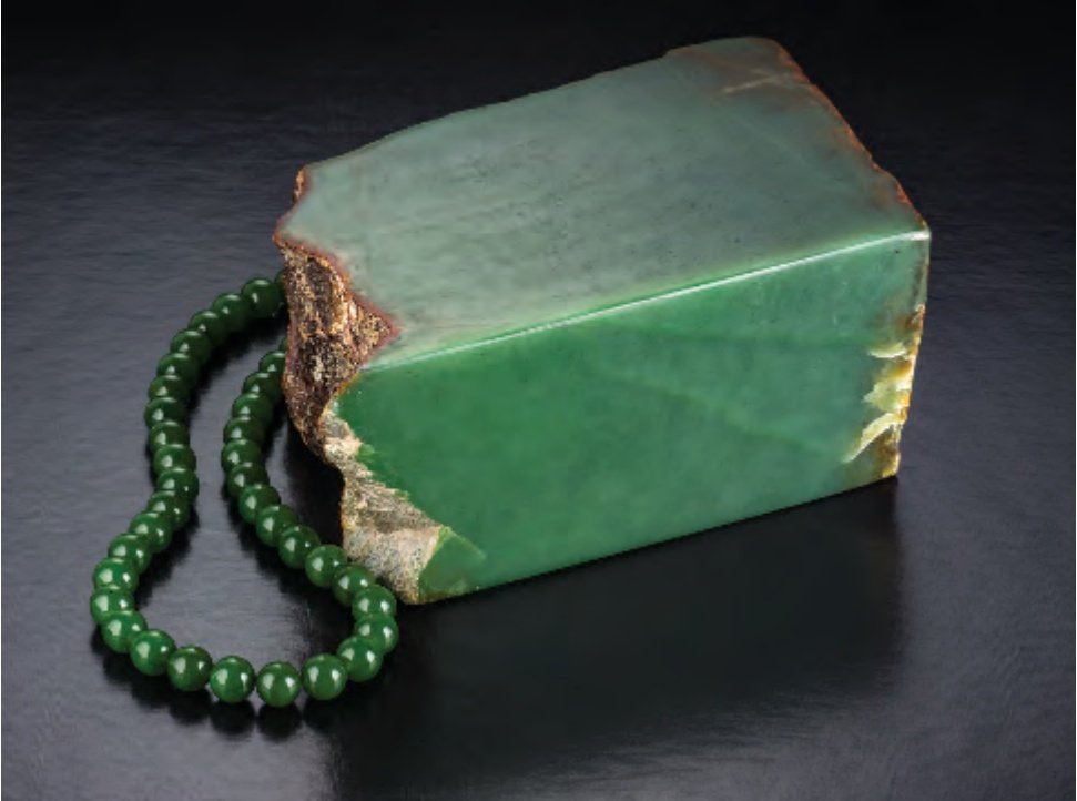 Nephrite rough block and finished 41-bead necklace